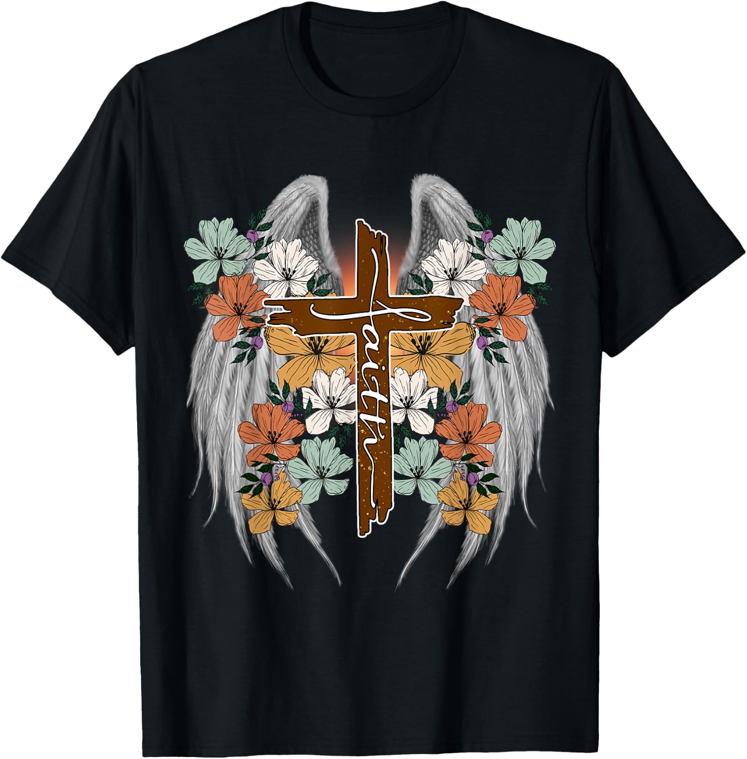 Cross Flowers Angel wings Faith Religious T-Shirt - T-Shirt | Black