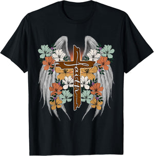Cross Flowers Angel wings Faith Religious T-Shirt - T-Shirt | Black