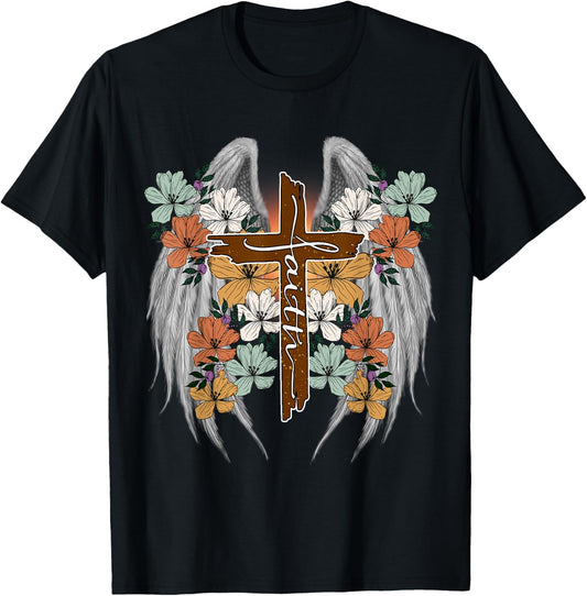 Cross Flowers Angel wings Faith Religious T-Shirt - T-Shirt | Black