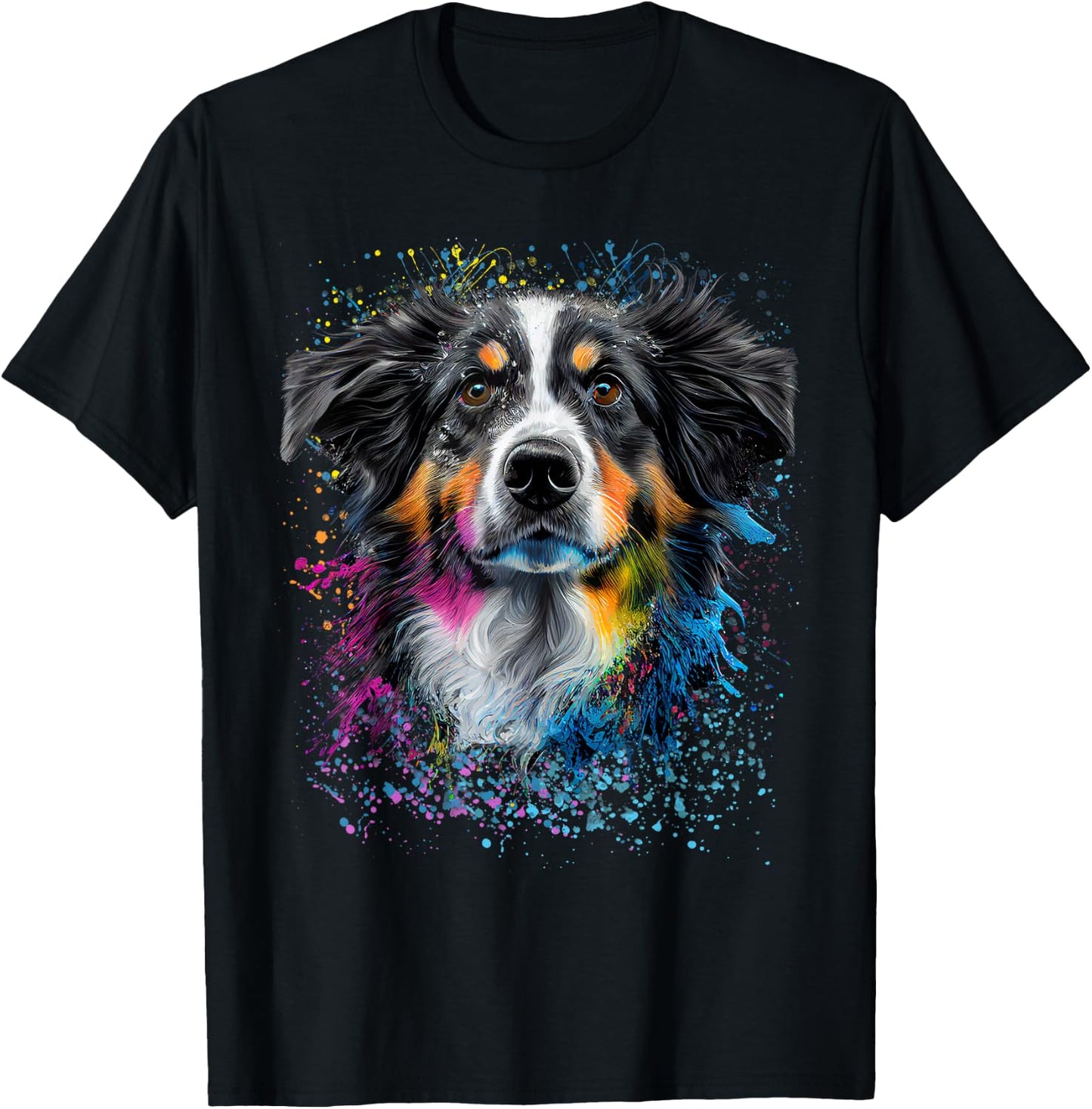 Colorful Splash Art Australian Shepherd Portrait Puppy T-Shirt - T-Shirt | Black