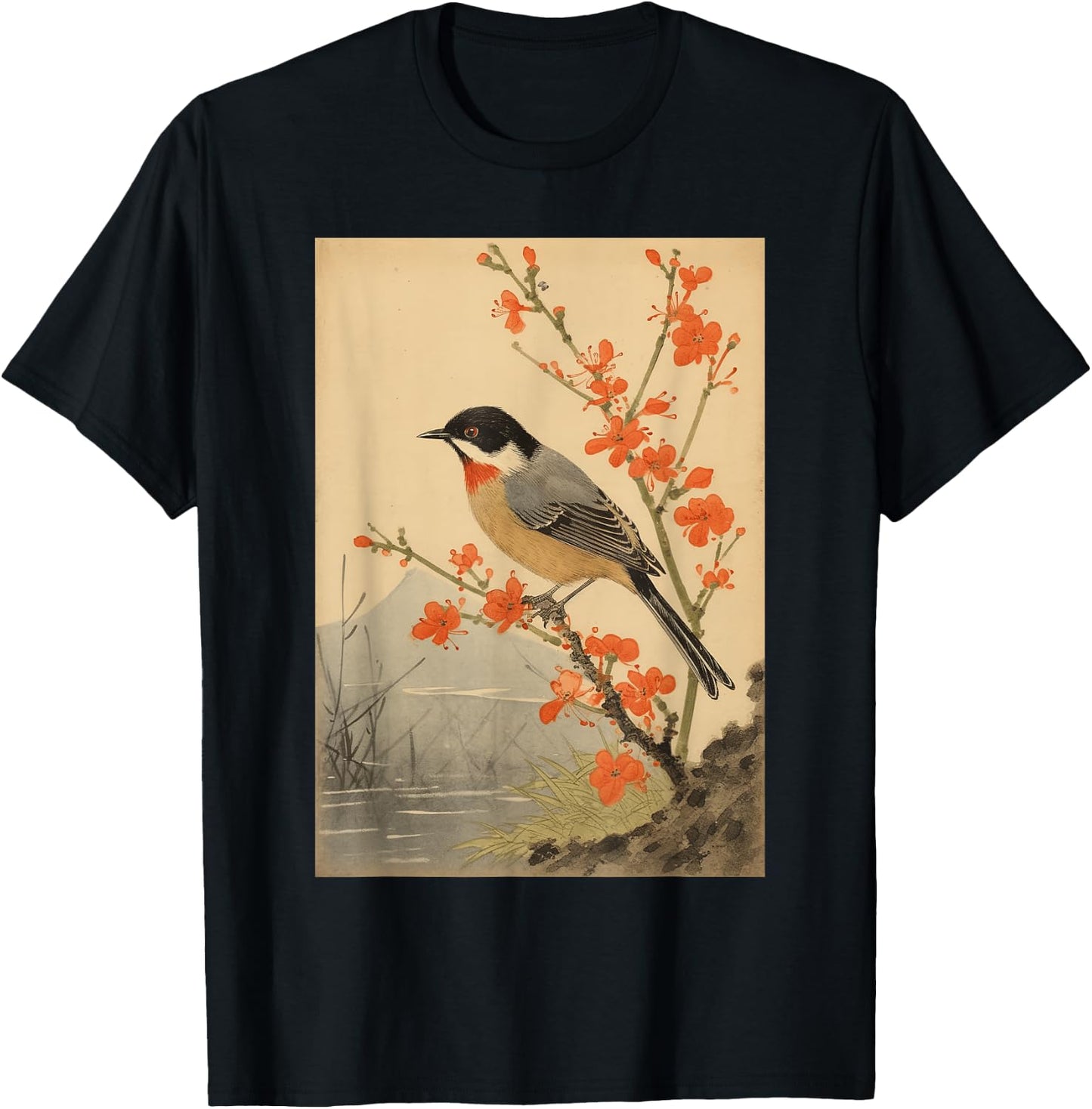 Japanese Woodblock Art - Vintage Songbird Beauty T-Shirt - T-Shirt | Black