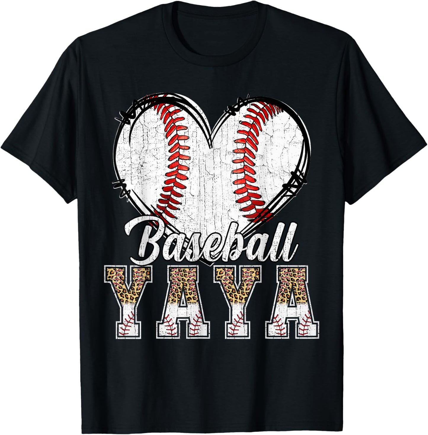 Softball Baseball Yaya Heart Leopard Print Mother's Day T-Shirt - T-Shirt | Black