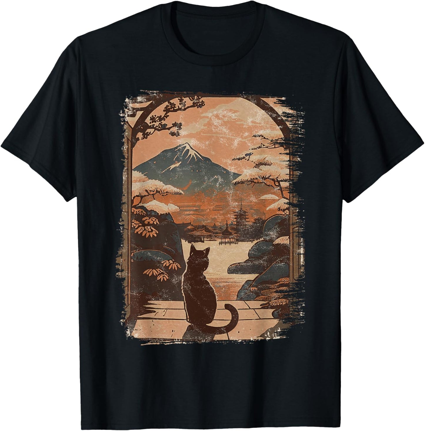 Japanese Cat with Landscape and Mountain T-Shirt - T-Shirt | Black