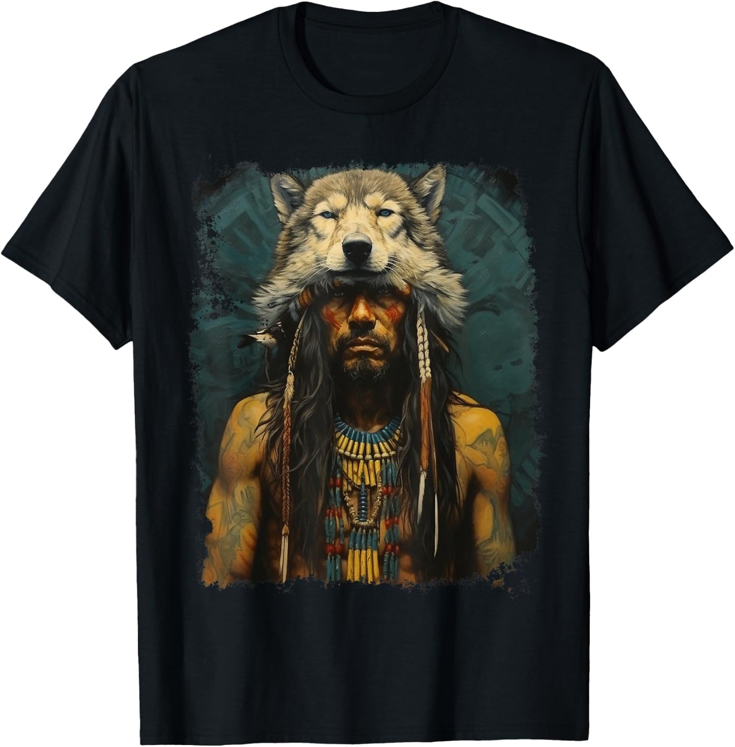 Wolf Native American Man T-Shirt - T-Shirt | Black
