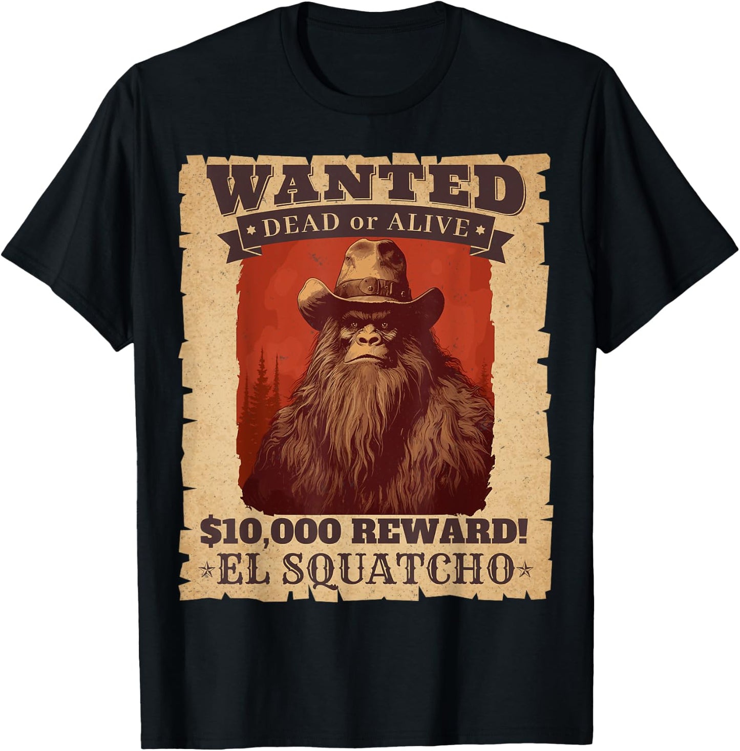 Funny Sasquatch Western Bigfoot Wanted Poster Cowboy Lover T-Shirt - T-Shirt | Black