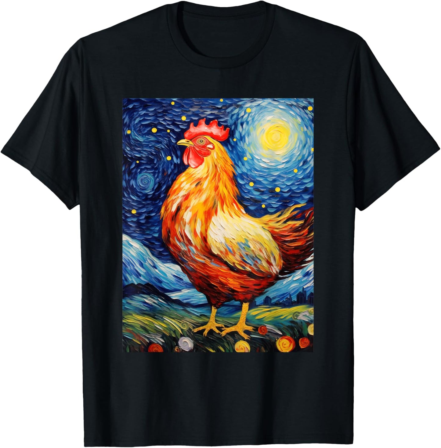 Chicken Starry Night Van Gogh Style Graphic T-Shirt - T-Shirt | Black