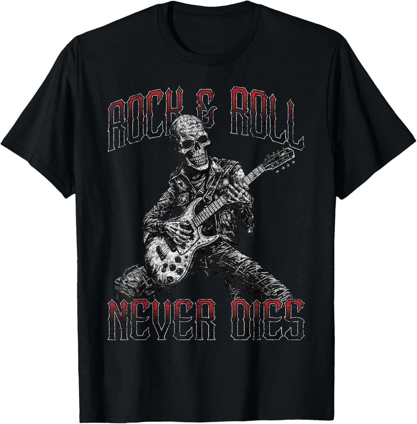Rock and Roll Never Dies Skeleton Vintage ROCK Music T-Shirt - T-Shirt | Black