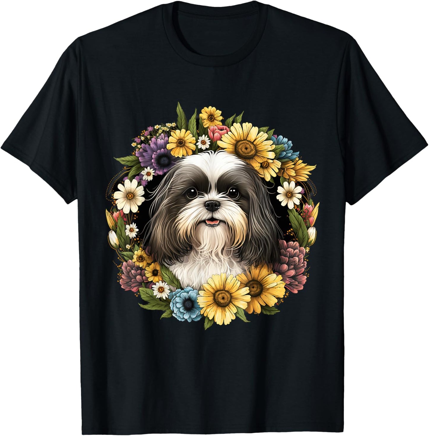 Sunflower Hippie Floral Shih Tzu Dog Men Women Kids T-Shirt - T-Shirt | Black