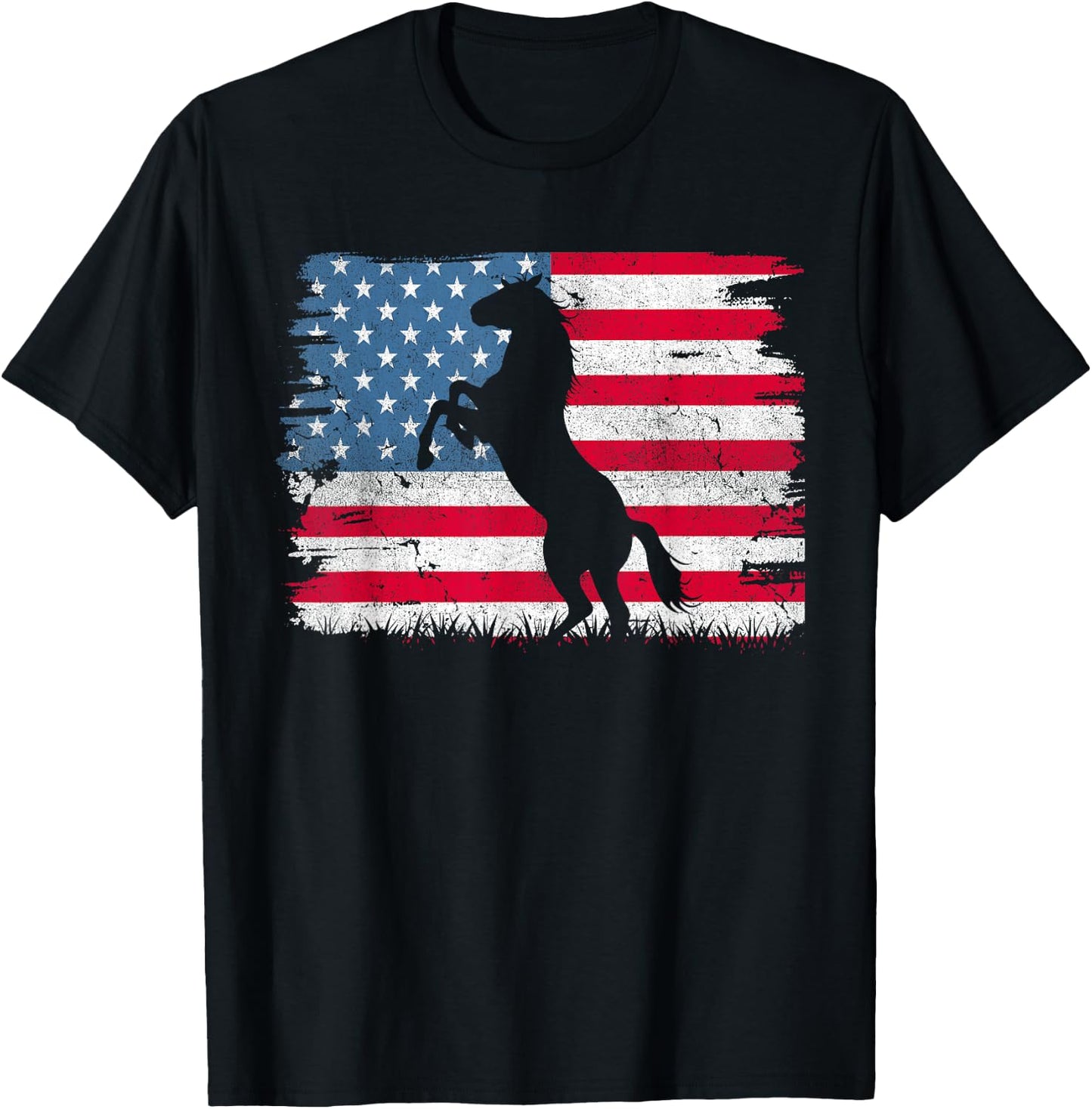 Horse American Flag USA 4th of July Men Women Boys Girls T-Shirt - T-Shirt | Black