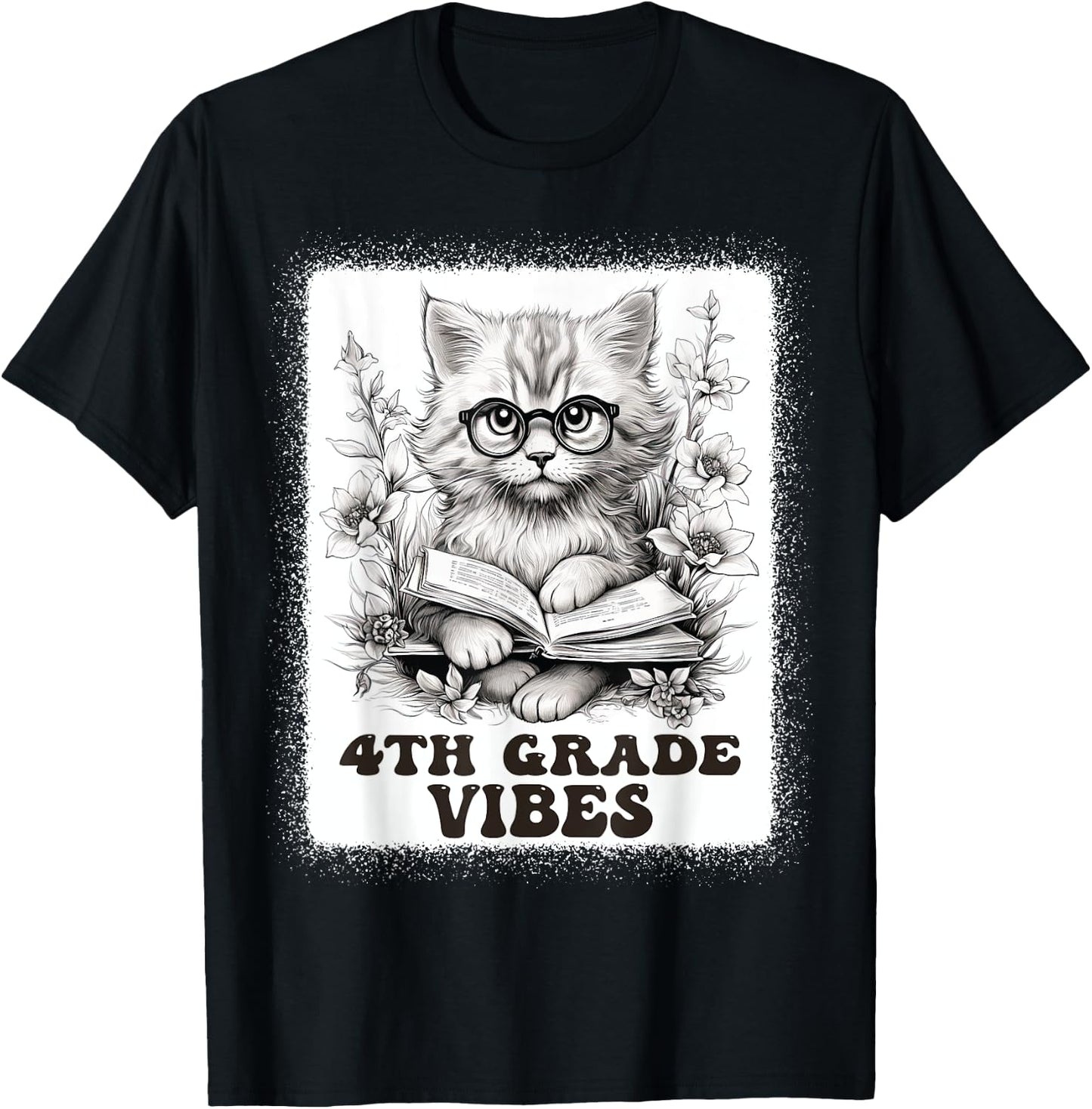 fourth Grade Vibes - 4th Grade Cat Reading 1st Day Of School T-Shirt - T-Shirt | Black