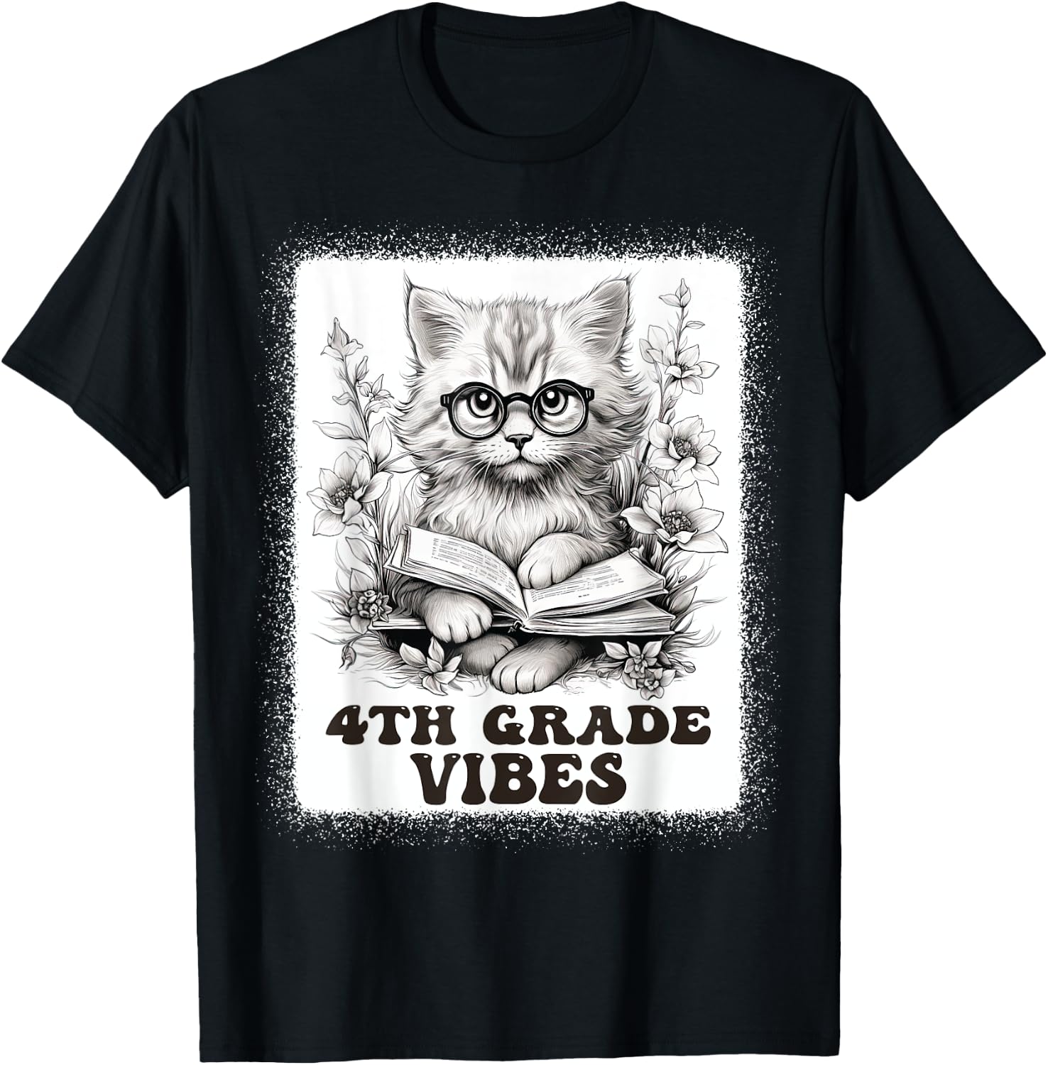 fourth Grade Vibes - 4th Grade Cat Reading 1st Day Of School T-Shirt - T-Shirt | Black