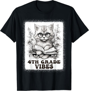 fourth Grade Vibes - 4th Grade Cat Reading 1st Day Of School T-Shirt - T-Shirt | Black