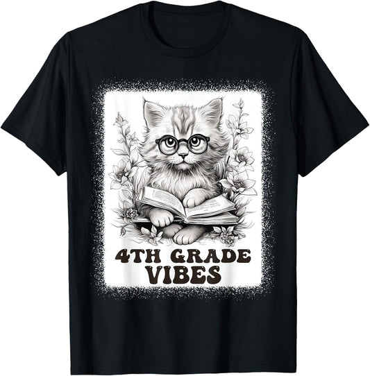 fourth Grade Vibes - 4th Grade Cat Reading 1st Day Of School T-Shirt - T-Shirt | Black