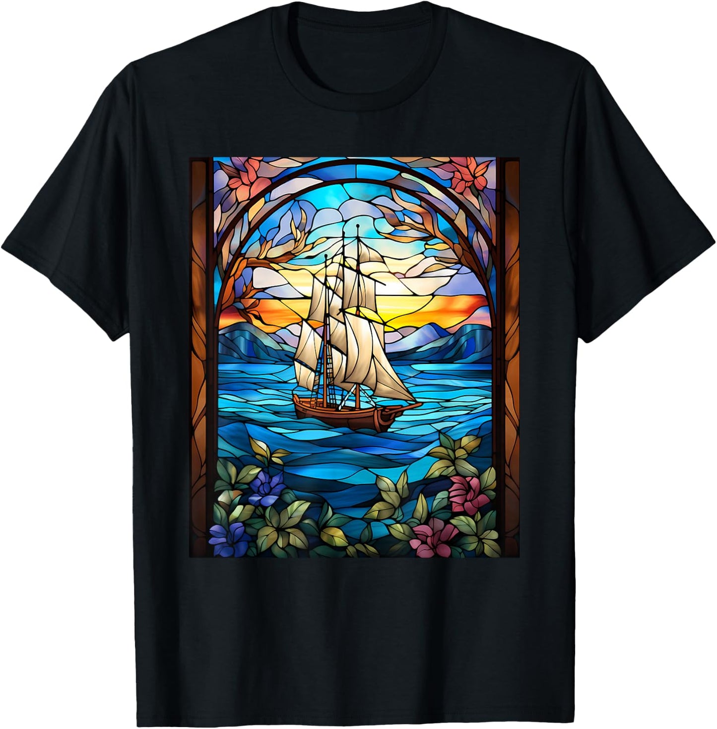 Stained Glass Style Sailing T-Shirt - T-Shirt | Black