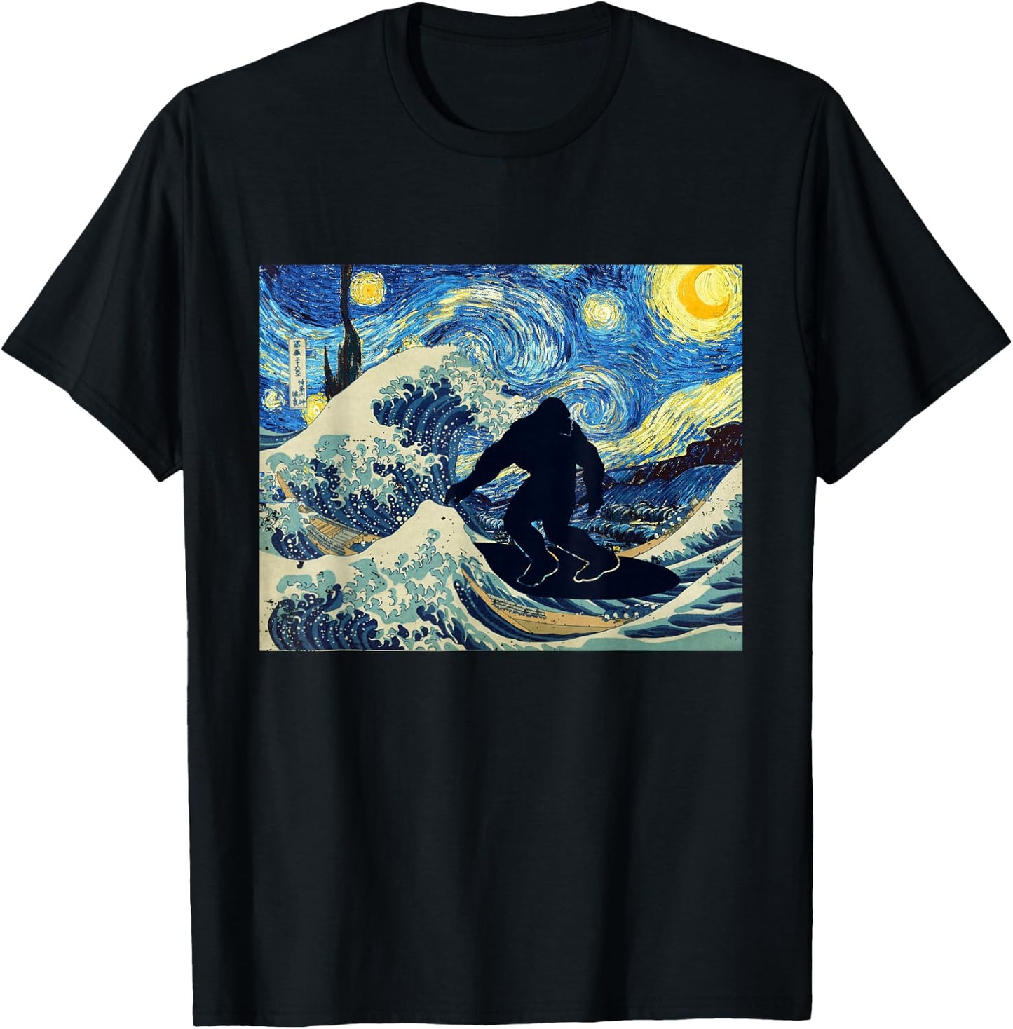 Starry Night Bigfoot Surfing Great Wave off Kanagawa T-Shirt - T-Shirt | Black
