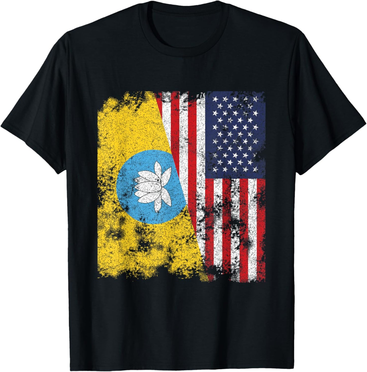 Kalmykia USA Flag Distressed - Half American Women Kids Men T-Shirt - T-Shirt | Black