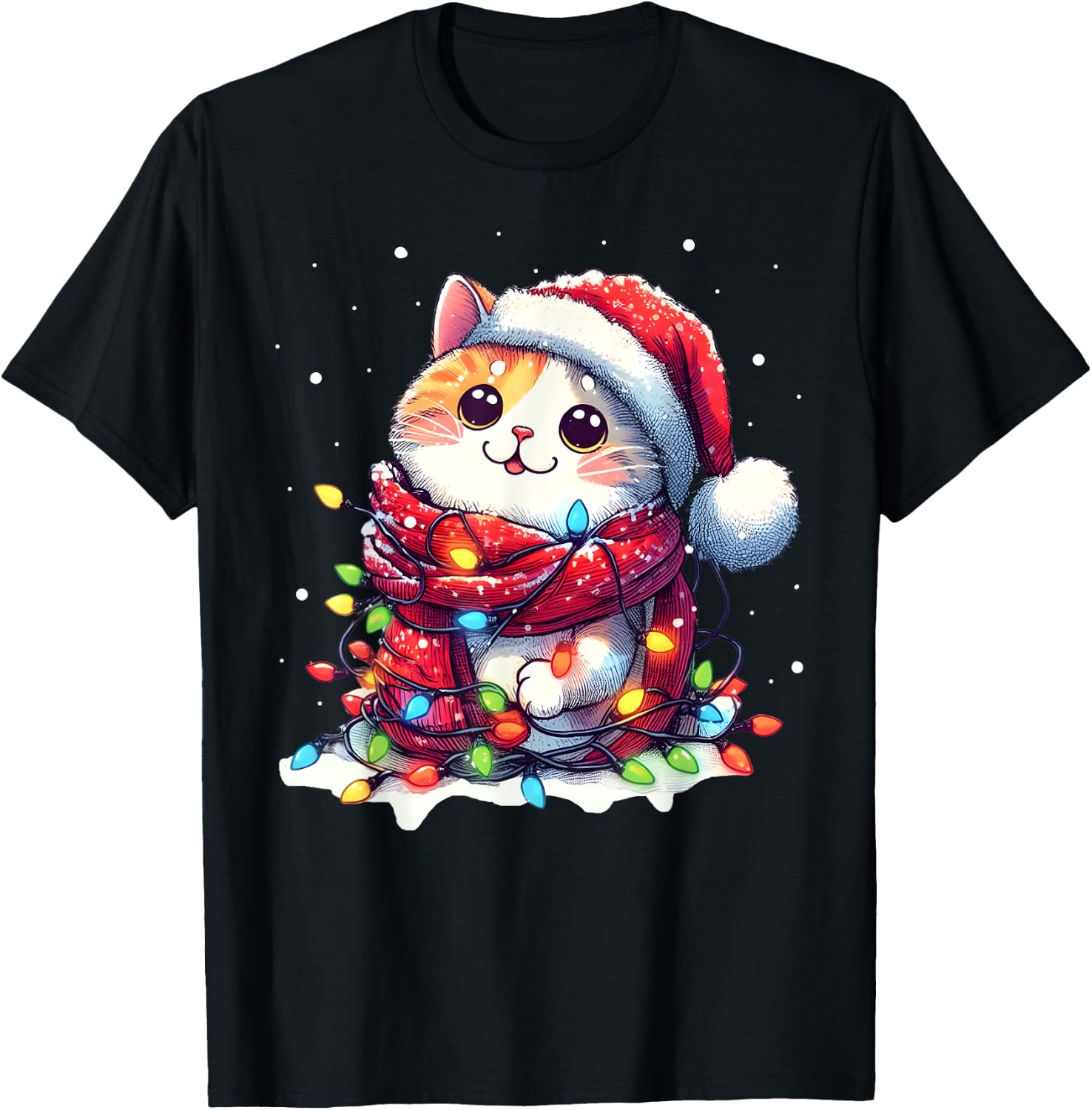 Funny Santa Cat Tangled Up in Christmas Lights Holiday Xmas Men Women Kids T-Shirt - T-Shirt | Black