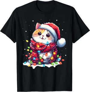 Funny Santa Cat Tangled Up in Christmas Lights Holiday Xmas Men Women Kids T-Shirt - T-Shirt | Black