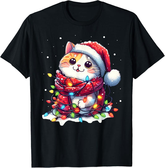 Funny Santa Cat Tangled Up in Christmas Lights Holiday Xmas Men Women Kids T-Shirt - T-Shirt | Black