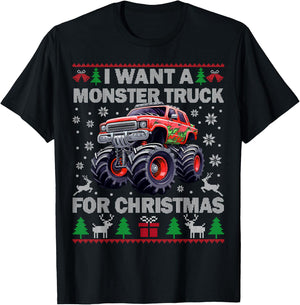 Kids I Want a Monster Truck for Christmas Ugly Sweater Truck T-Shirt - T-Shirt | Black
