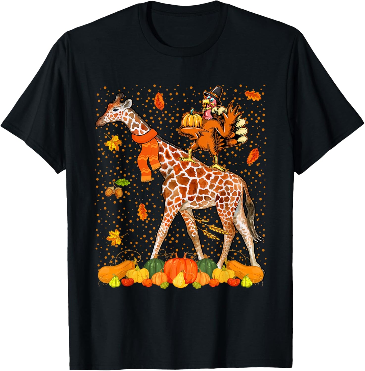 Wild Animal Thanksgiving Costume Thanksgiving Turkey Riding Giraffe With Fall Pumpkins -Adults Black Small Classic Fit Short Sleeve Cotton, Polyester Thanksgiving-themed T-Shirt - T-Shirt | Black