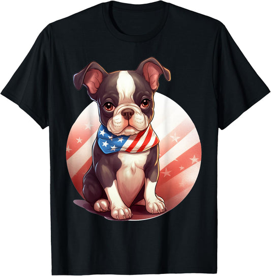 Brown Boston Terrier Puppy Dog American Flag 4th of July T-Shirt - T-Shirt | Black