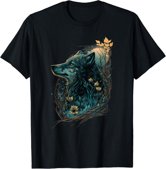 Fairycore Floral Wolf | Aesthetic Girls Dark Grunge Wolves T-Shirt - T-Shirt | Black