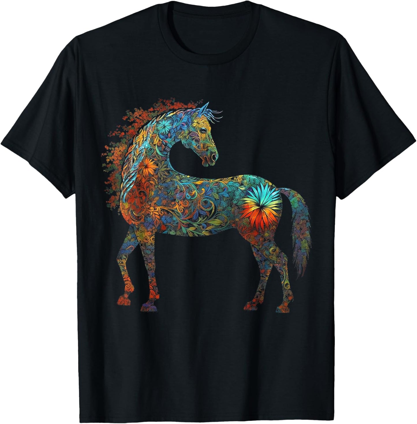 Horse Mandala Lover Artwork | Flowers Animal Motif Horse T-Shirt - T-Shirt | Black