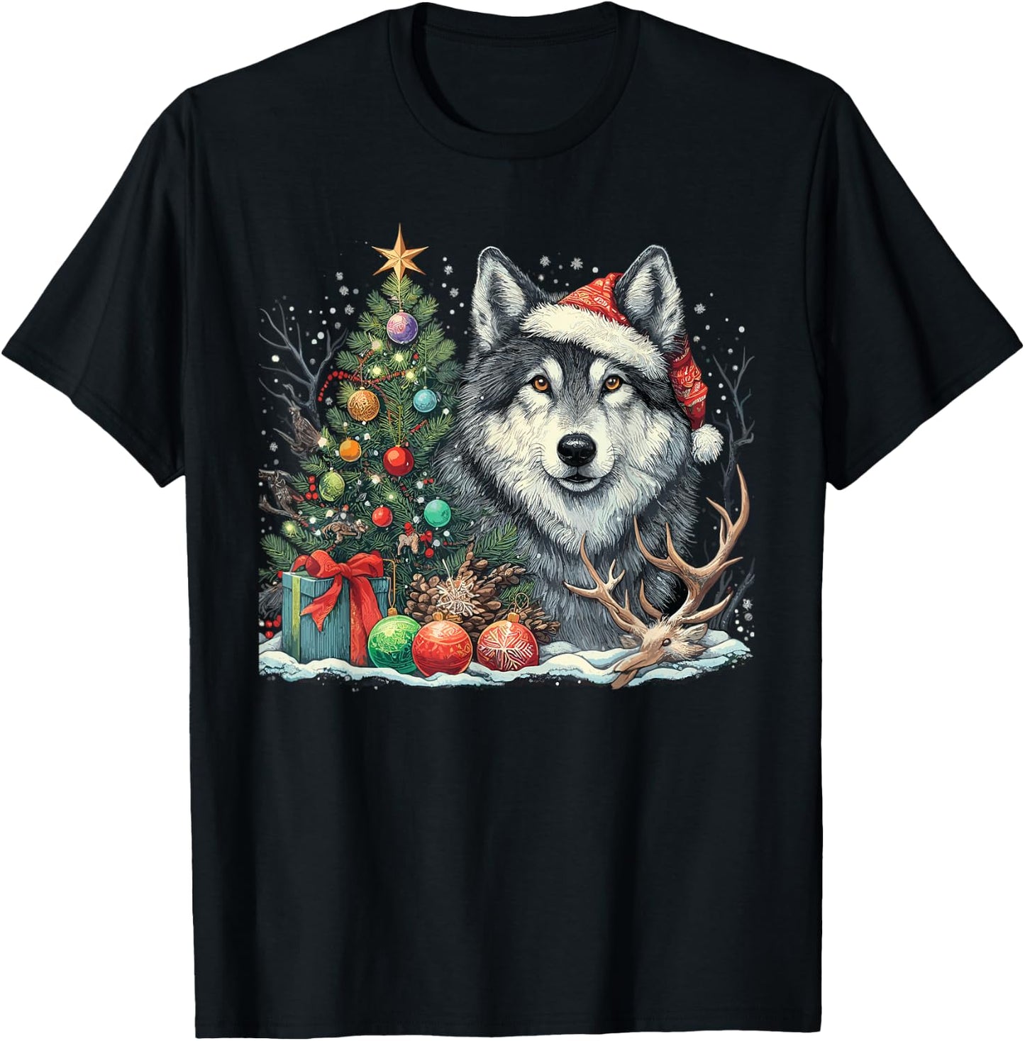 Cute Wolf With Christmas tree Wearing Santa Hat T-Shirt - T-Shirt | Black