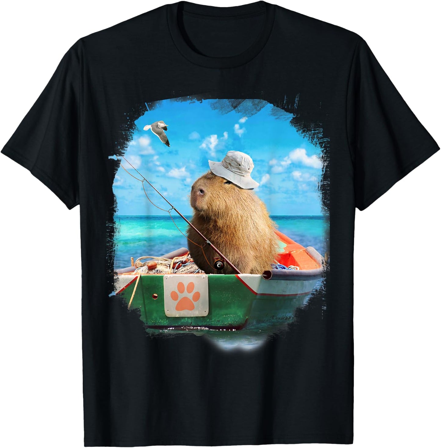 Capybara On Fishing Boat Funny T-Shirt - T-Shirt | Black