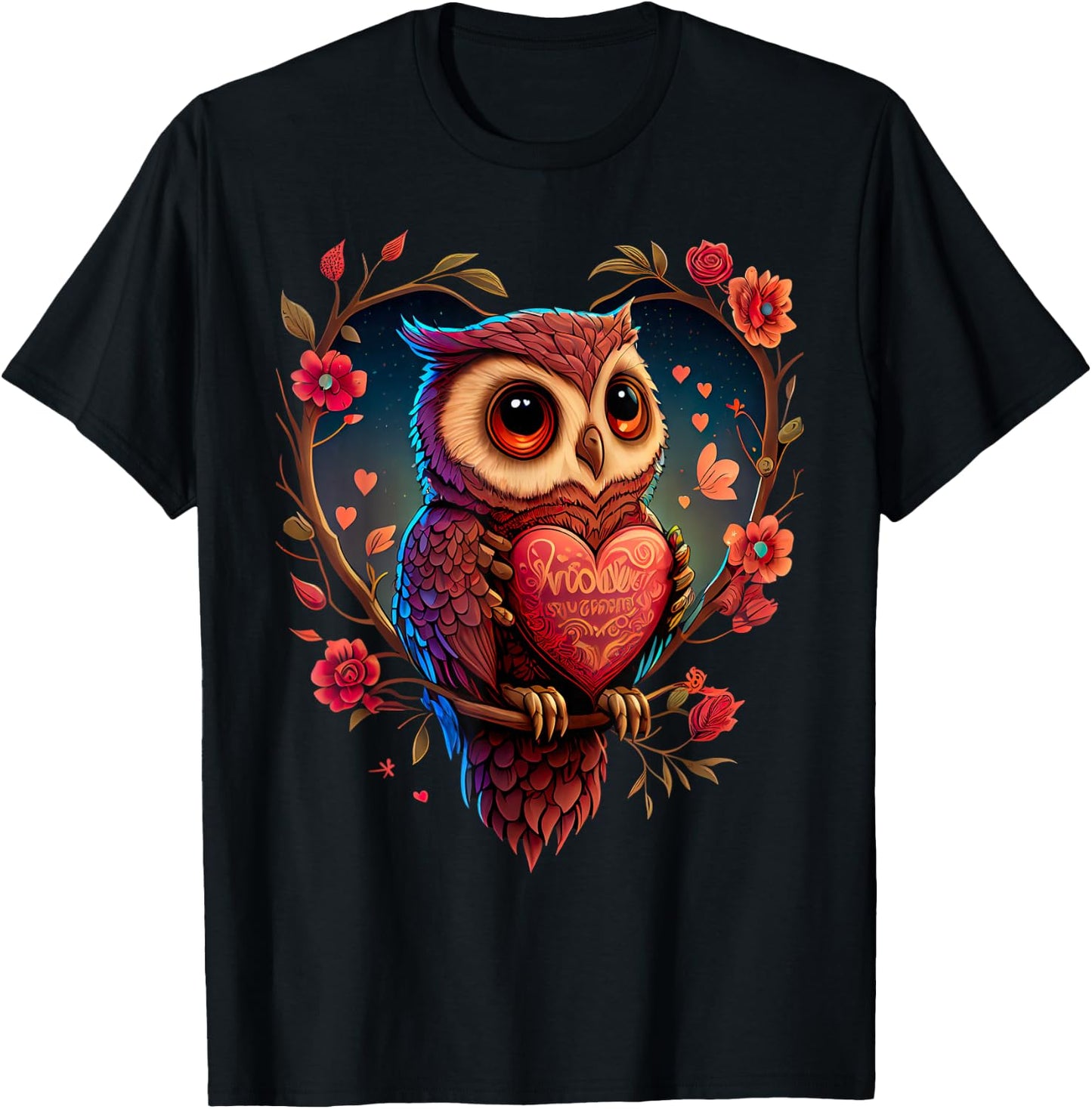 Cute Owl Lover Valentines Day Cute Owl Art Animal Graphic T-Shirt - T-Shirt | Black