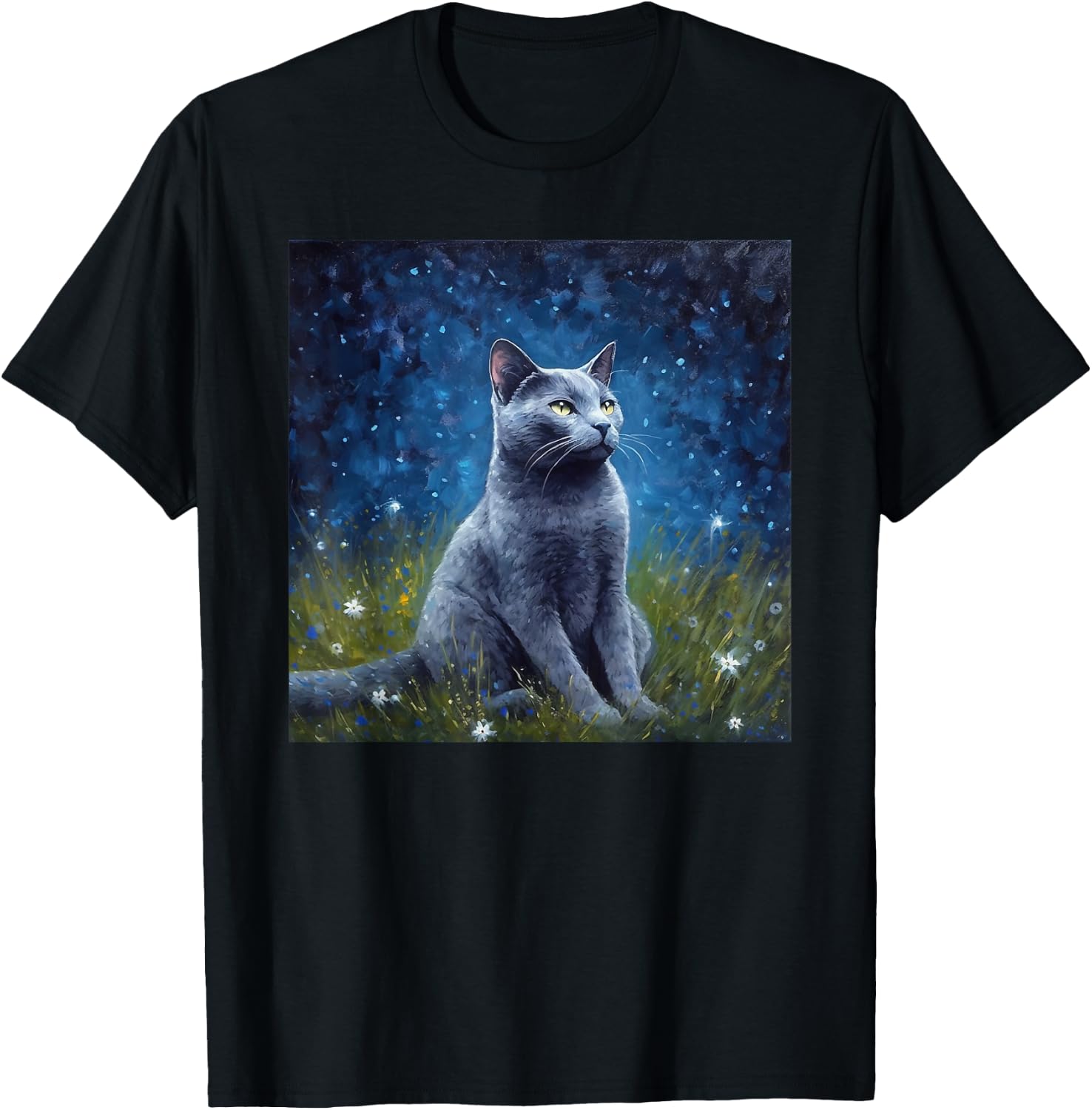 Cute Russian Blue Cat In A Starry Sky Night Painting T-Shirt - T-Shirt | Black