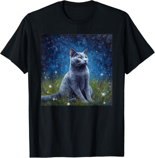 Cute Russian Blue Cat In A Starry Sky Night Painting T-Shirt - T-Shirt | Black