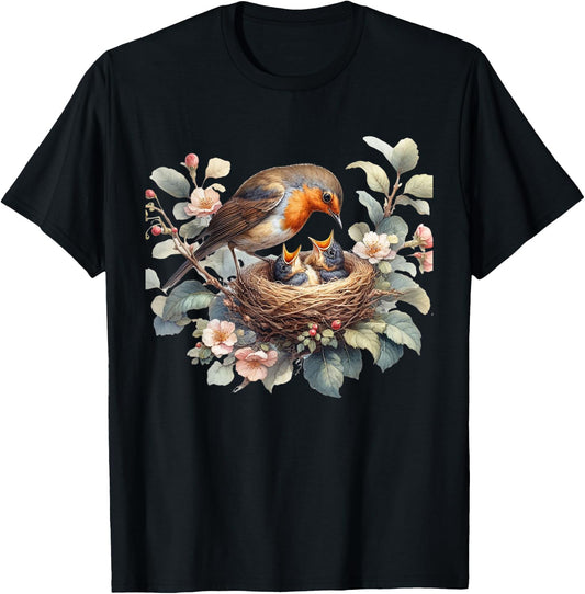 Mother Robin and Baby Robin Nestlings Ornithology T-Shirt - T-Shirt | Black