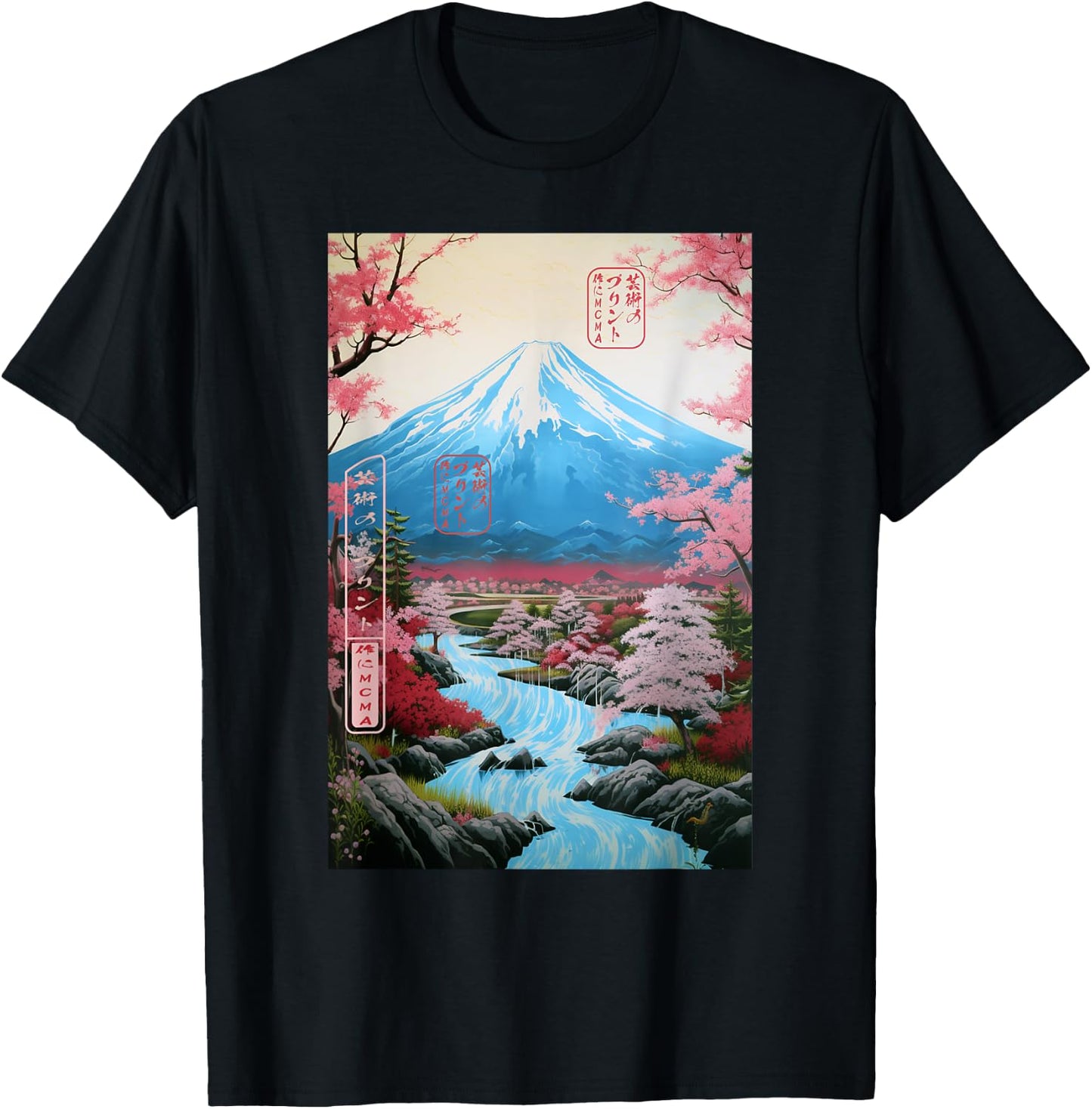 Ukiyo-e Cherry Blossom Mount Fuji Serenity Japanese T-Shirt - T-Shirt | Black