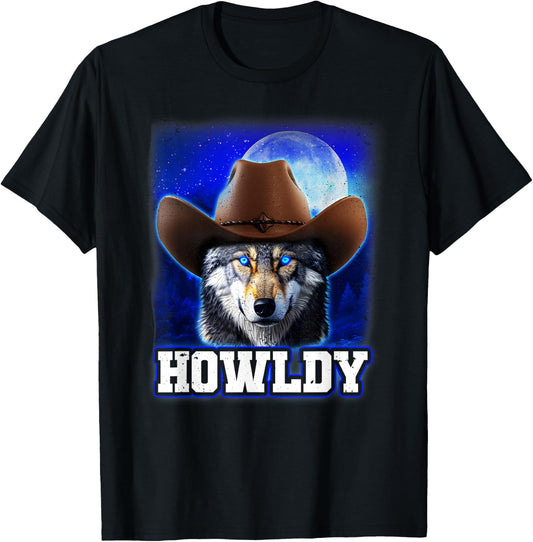 Cowboy Wolf Howldy Funny Mashup Howl Howdy T-Shirt - T-Shirt | Black