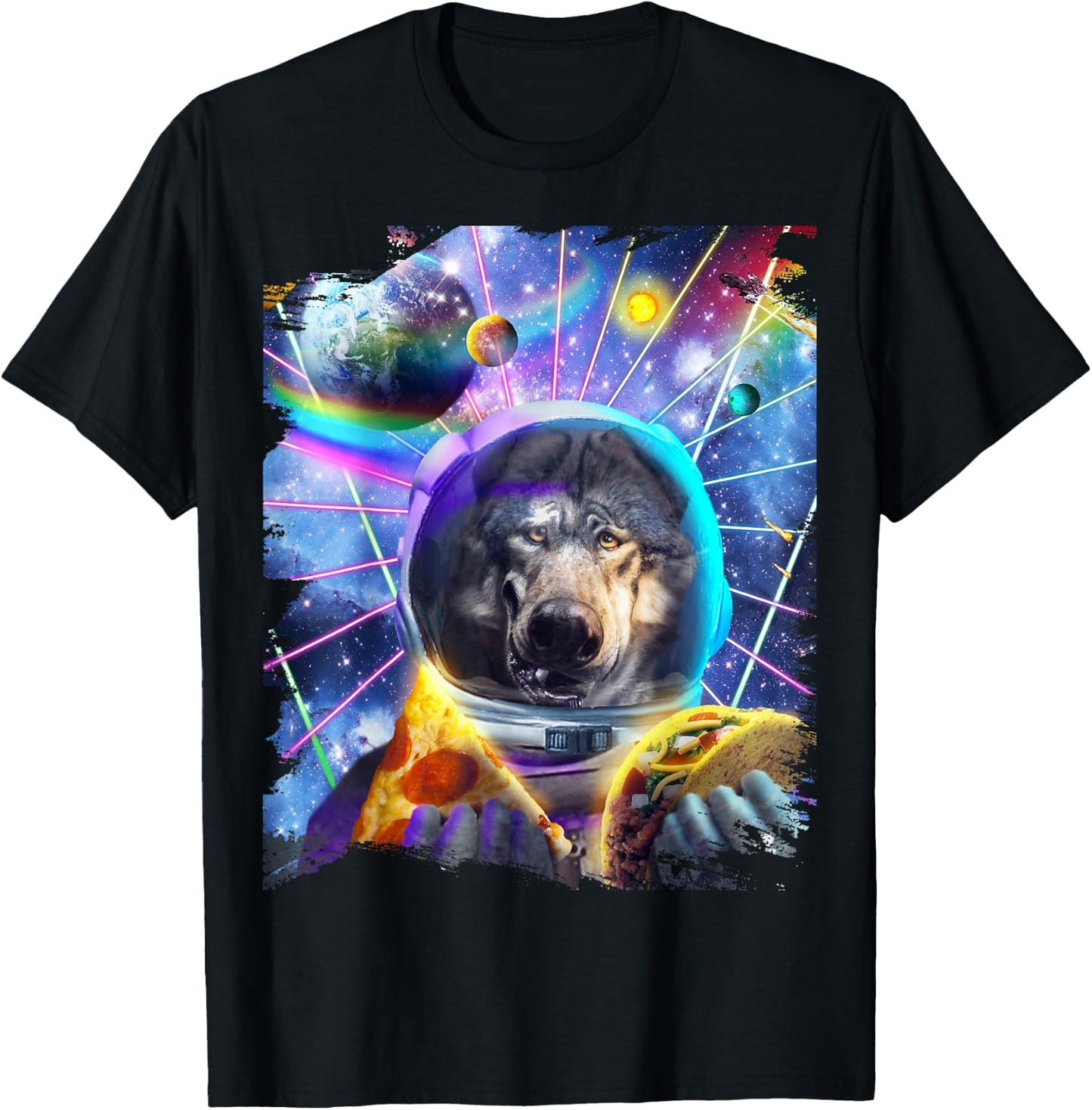Wolf Astronaut In Space Eating Pizza Taco T-Shirt - T-Shirt | Black