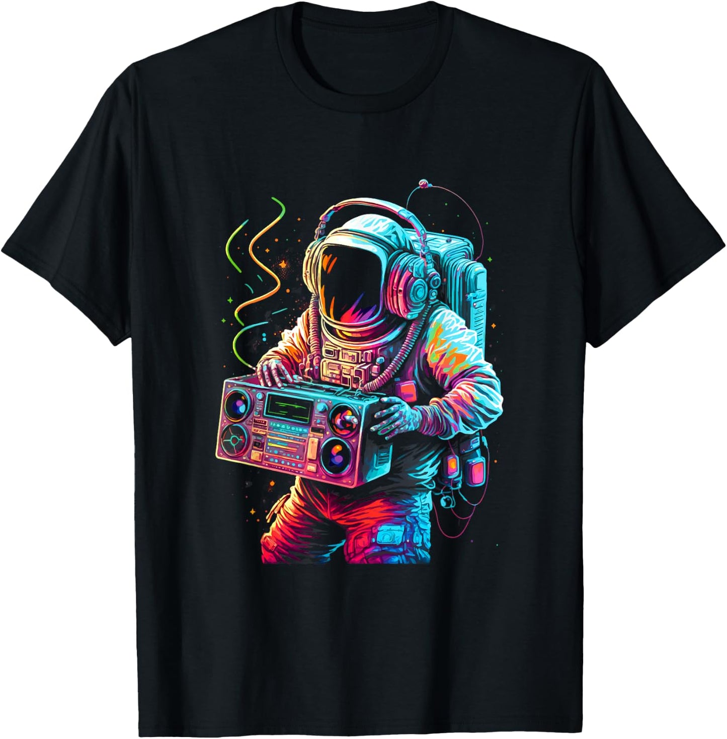 Funky Boombox Astronaut in Space Graphic and Teens T-Shirt - T-Shirt | Black