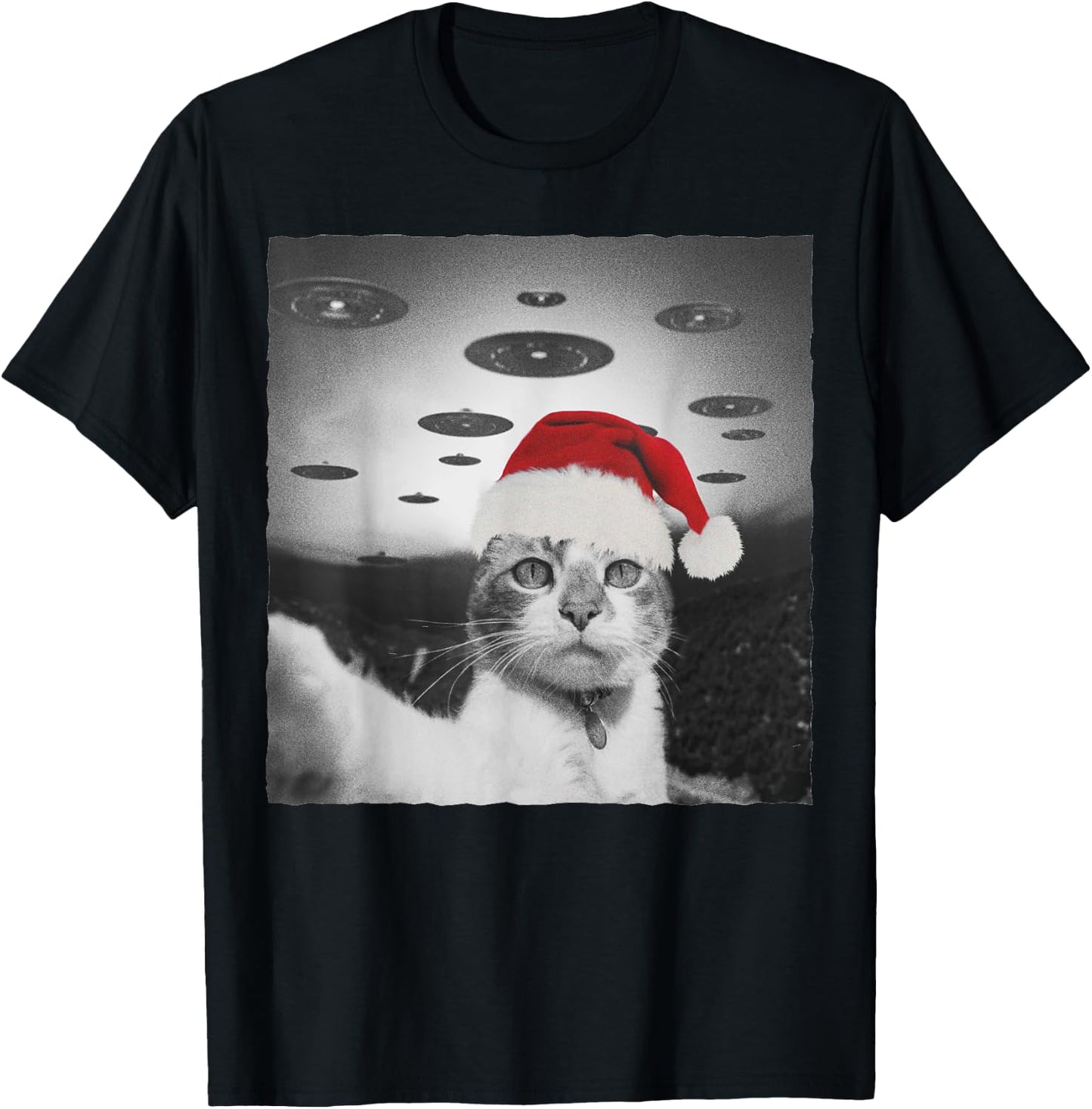 Funny Christmas Cat wear Santa Hat selfie with Alien UFO Men Women Kids T-Shirt - T-Shirt | Black