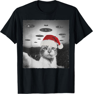 Funny Christmas Cat wear Santa Hat selfie with Alien UFO Men Women Kids T-Shirt - T-Shirt | Black