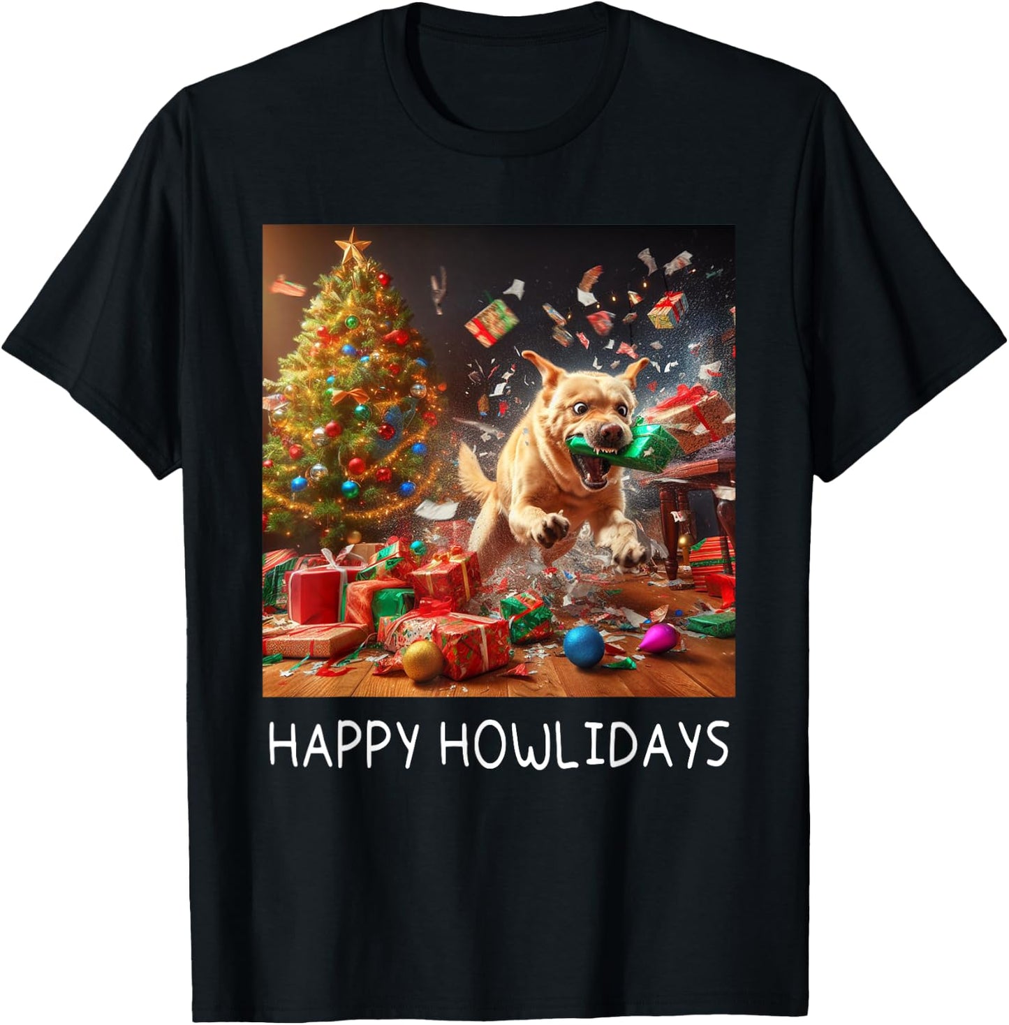 Funny Crazy Chaotic Dog Under The Tree Cute Happy Howlidays T-Shirt - T-Shirt | Black