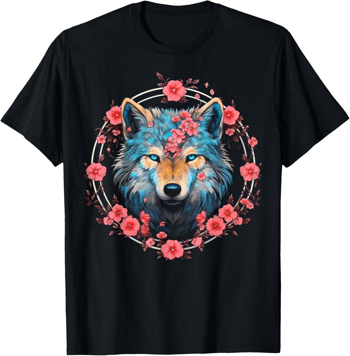 Wolf Blue Eyes Artwork | Cherry Blossoms Wolf T-Shirt - T-Shirt | Black