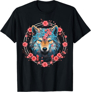 Wolf Blue Eyes Artwork | Cherry Blossoms Wolf T-Shirt - T-Shirt | Black