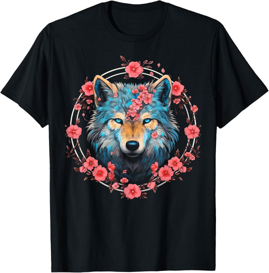 Wolf Blue Eyes Artwork | Cherry Blossoms Wolf T-Shirt - T-Shirt | Black