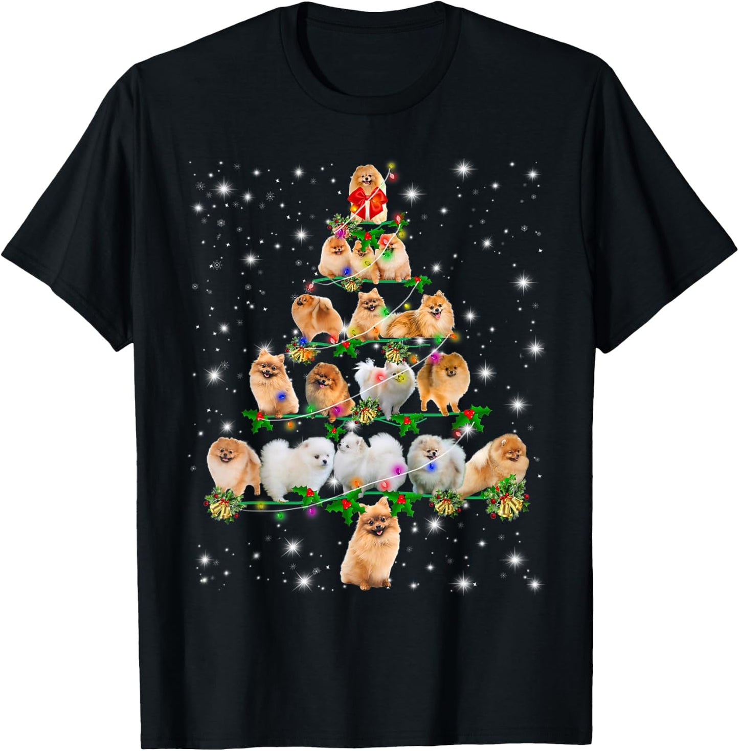 Pomeranian Christmas Tree Lights Funny Lover Dog Pajamas Women Kids T-Shirt - T-Shirt | Black