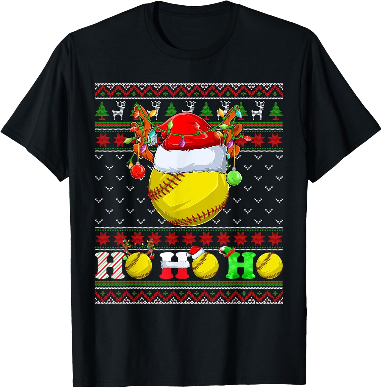Funny Softball Ball Xmas Tree Lights Ugly Christmas Sweater T-Shirt - T-Shirt | Black