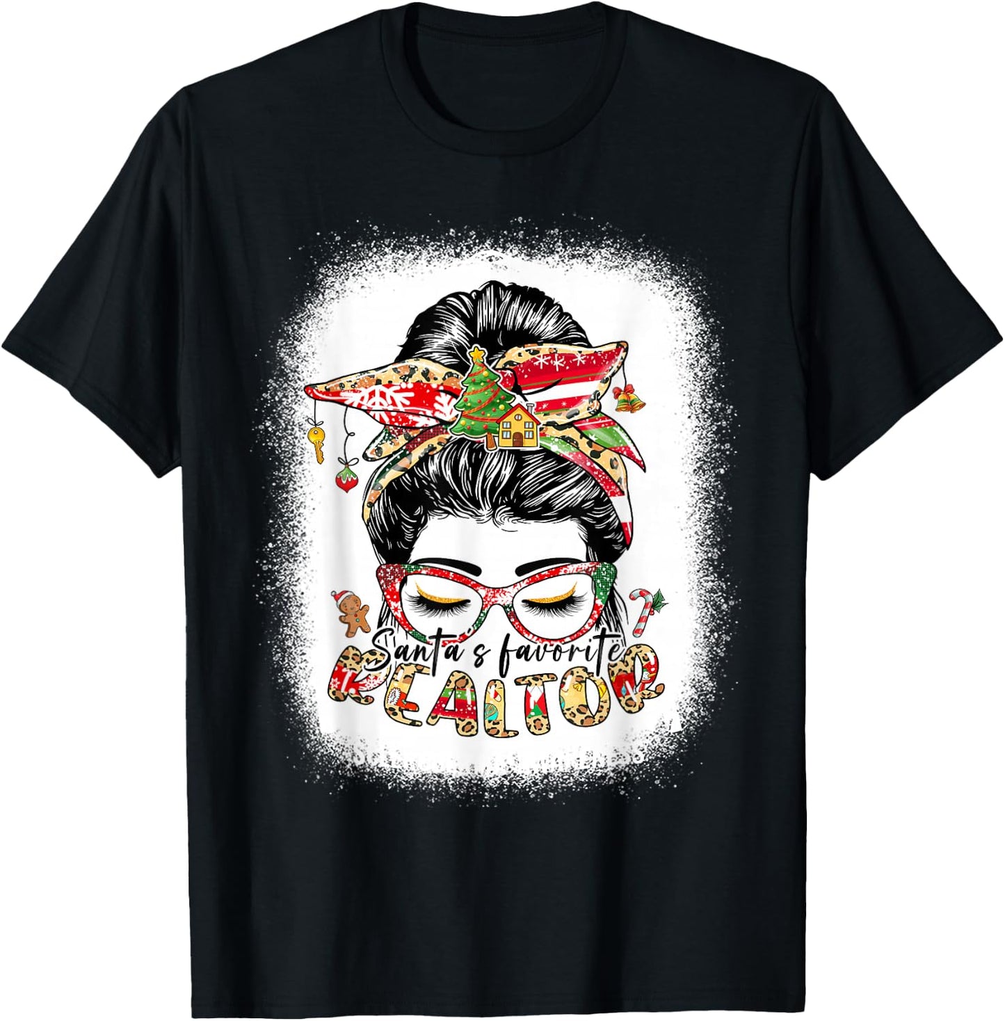 Santa's Favorite Realtor Messy Bun Funny Christmas T-Shirt - T-Shirt | Black