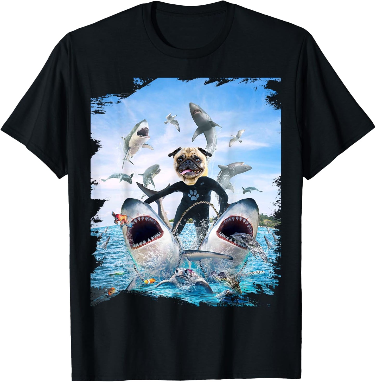 Dog Pug Riding Shark Sharks At Beach Ocean Funny Men Women Kids T-Shirt - T-Shirt | Black