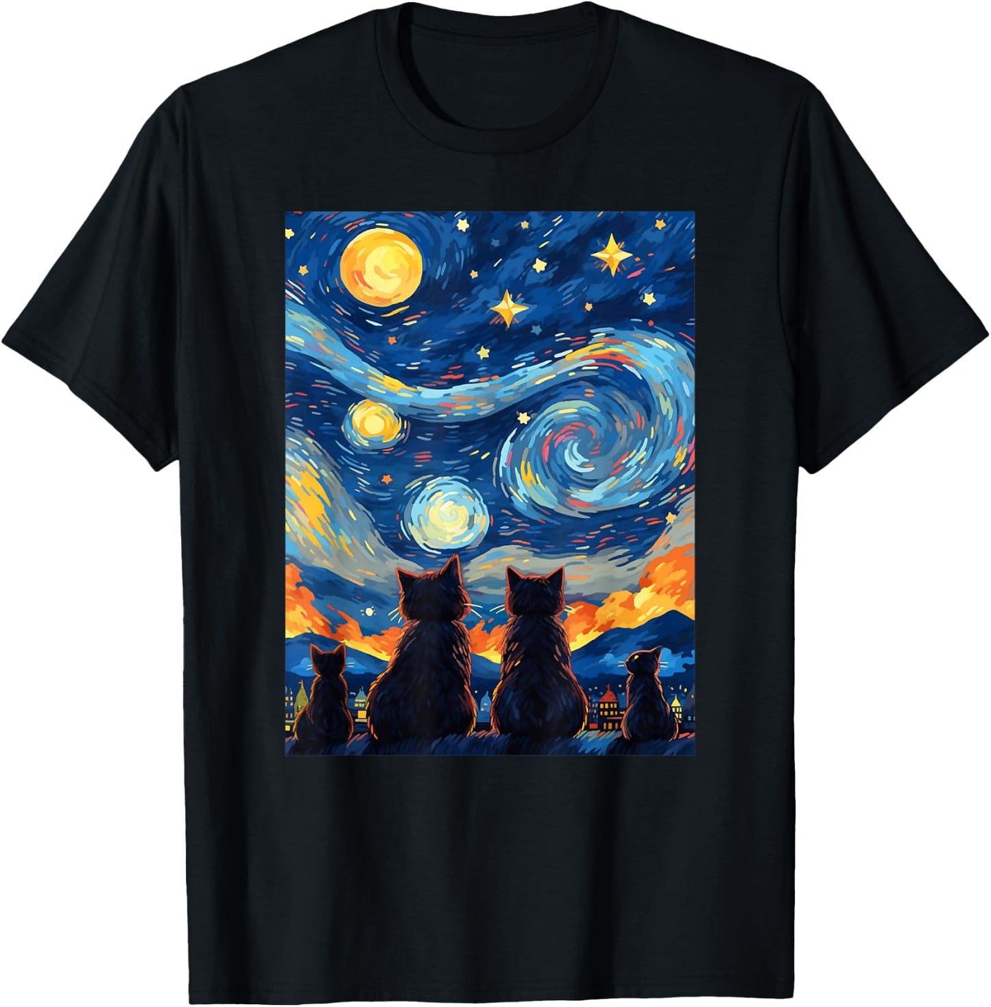 black cats Painting art Starry Night kitty kitten Van Gogh T-Shirt - T-Shirt | Black