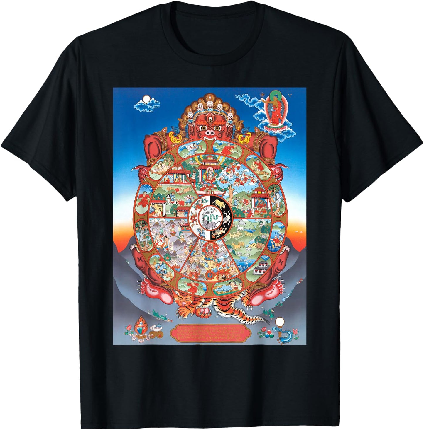 Tibetan Thangka, Samsara, Mandala, Wheel of Life, Buddhist T-Shirt - T-Shirt | Black